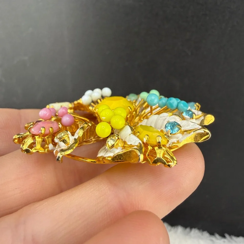 Vintage Rhinestone Flower Brooch Multicolor Enamel Gold Tone